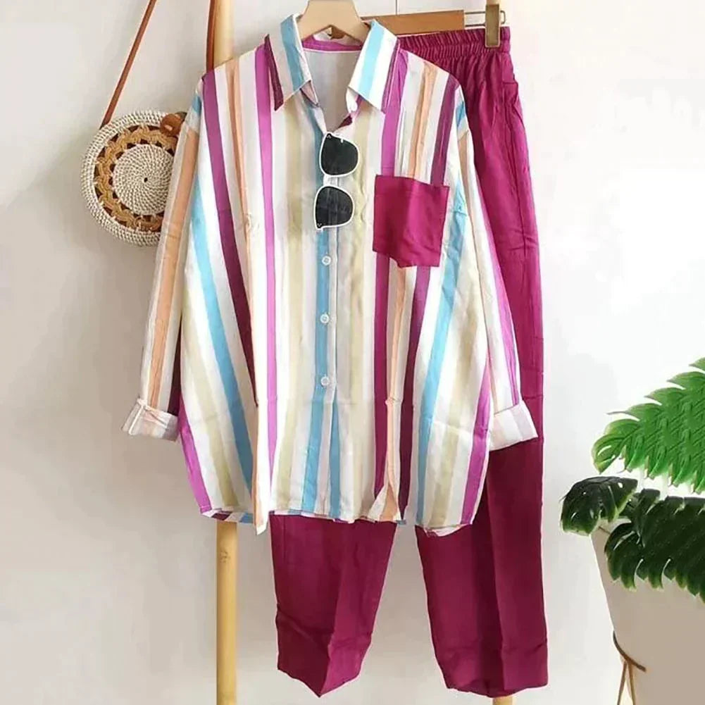 Casual Blouse and Trousers Set in Light Fabric – Noémie-Dark pink-S-State of Style
