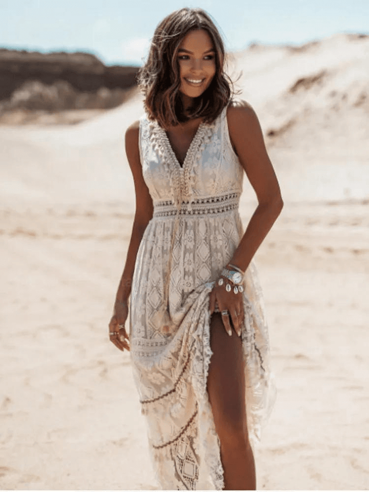 Casual Boho maxi dress with stylish details – Solange-Beige-S-Nora Luxe
