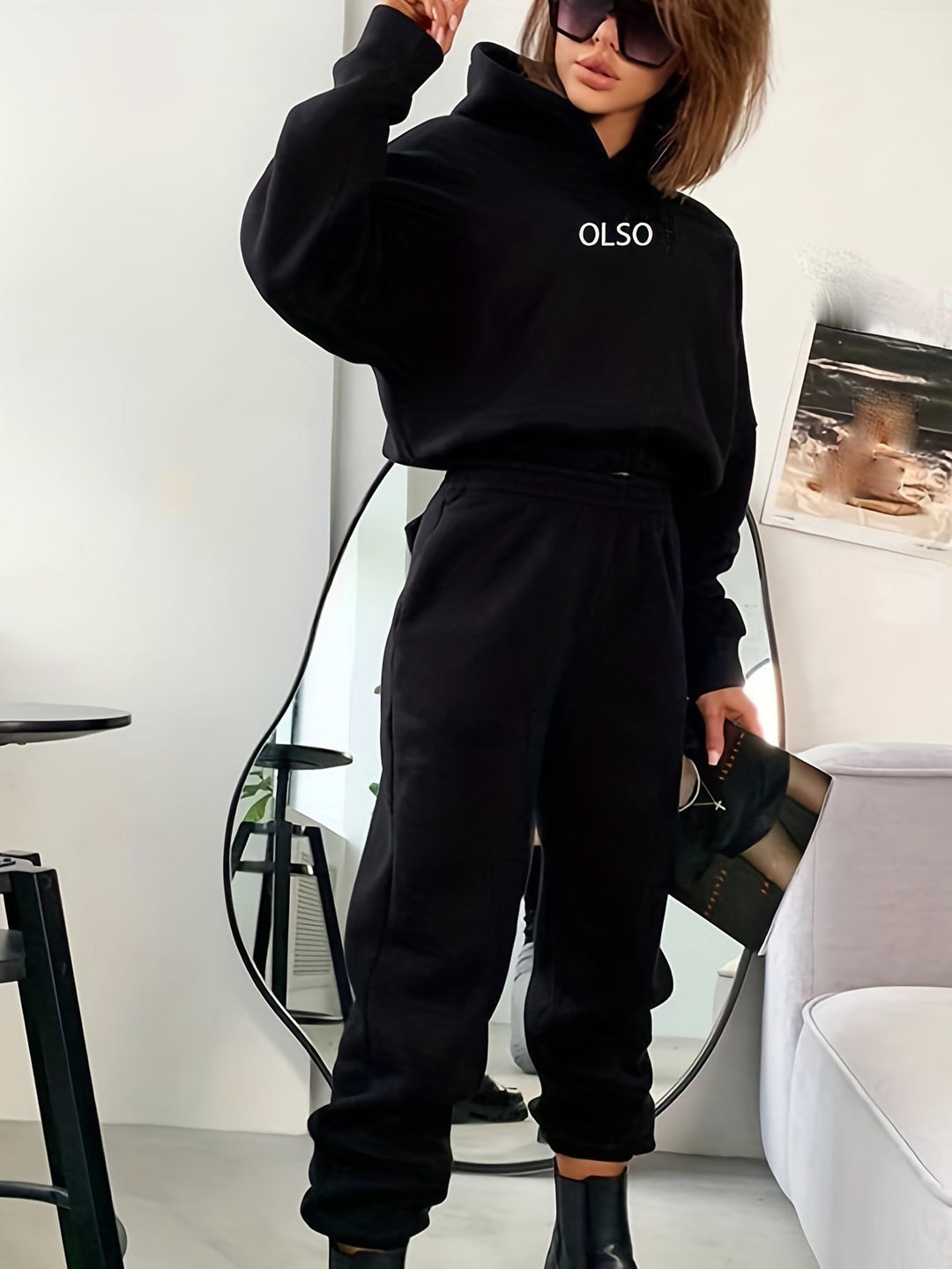 Casual Two-Piece Set with Stylish Letter Print - Elvira-Black-S-Nora Luxe