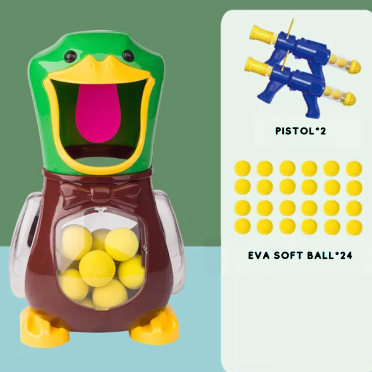 Duck target with bow tie beside two pistols and twenty-four soft balls shown as the set contents 8