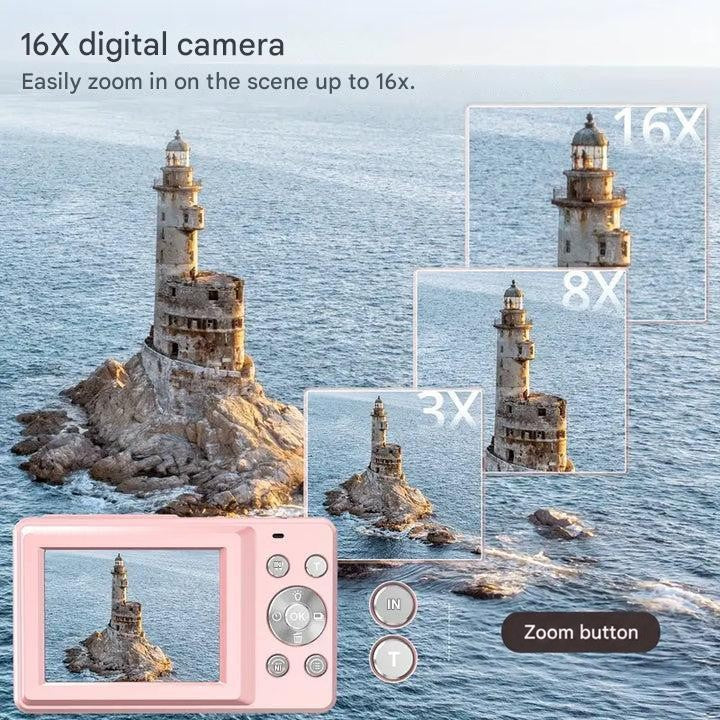 Pink camera screen showing a lighthouse, with inset frames comparing 3x, 8x and 16x zoom views 10