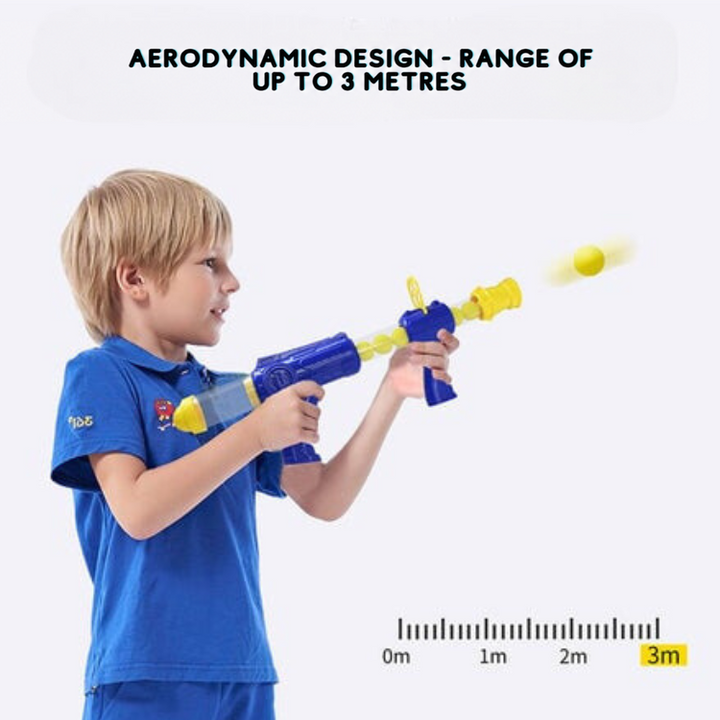 Boy in a blue shirt fires the blaster as a yellow ball flies, with a distance scale showing three meters 9