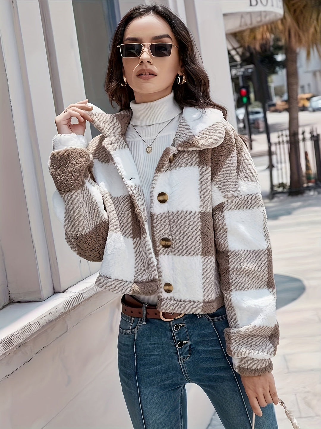 Checked Teddy Jacket with Button Closure - Clara-Brown-XS-Nora Luxe