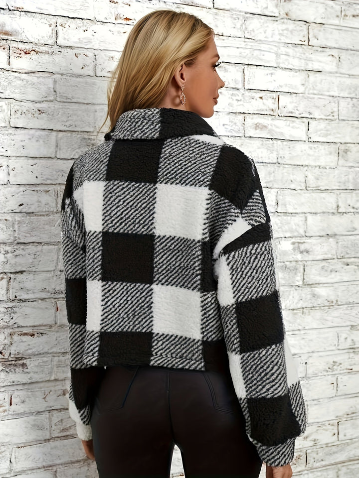 Checked Teddy Jacket with Button Closure - Clara-Green-XS-Nora Luxe