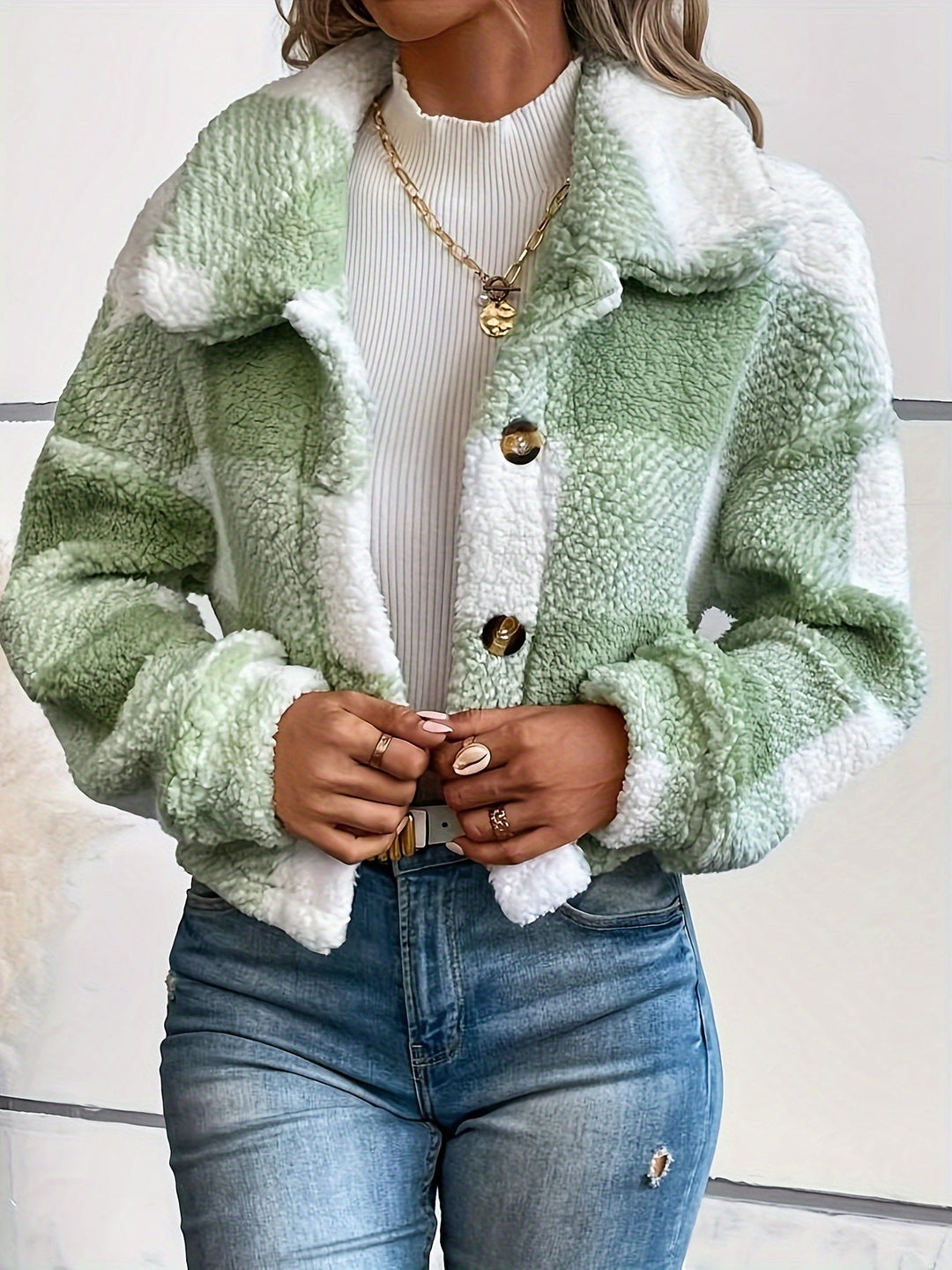 Checked Teddy Jacket with Button Closure - Clara-Green-XS-Nora Luxe