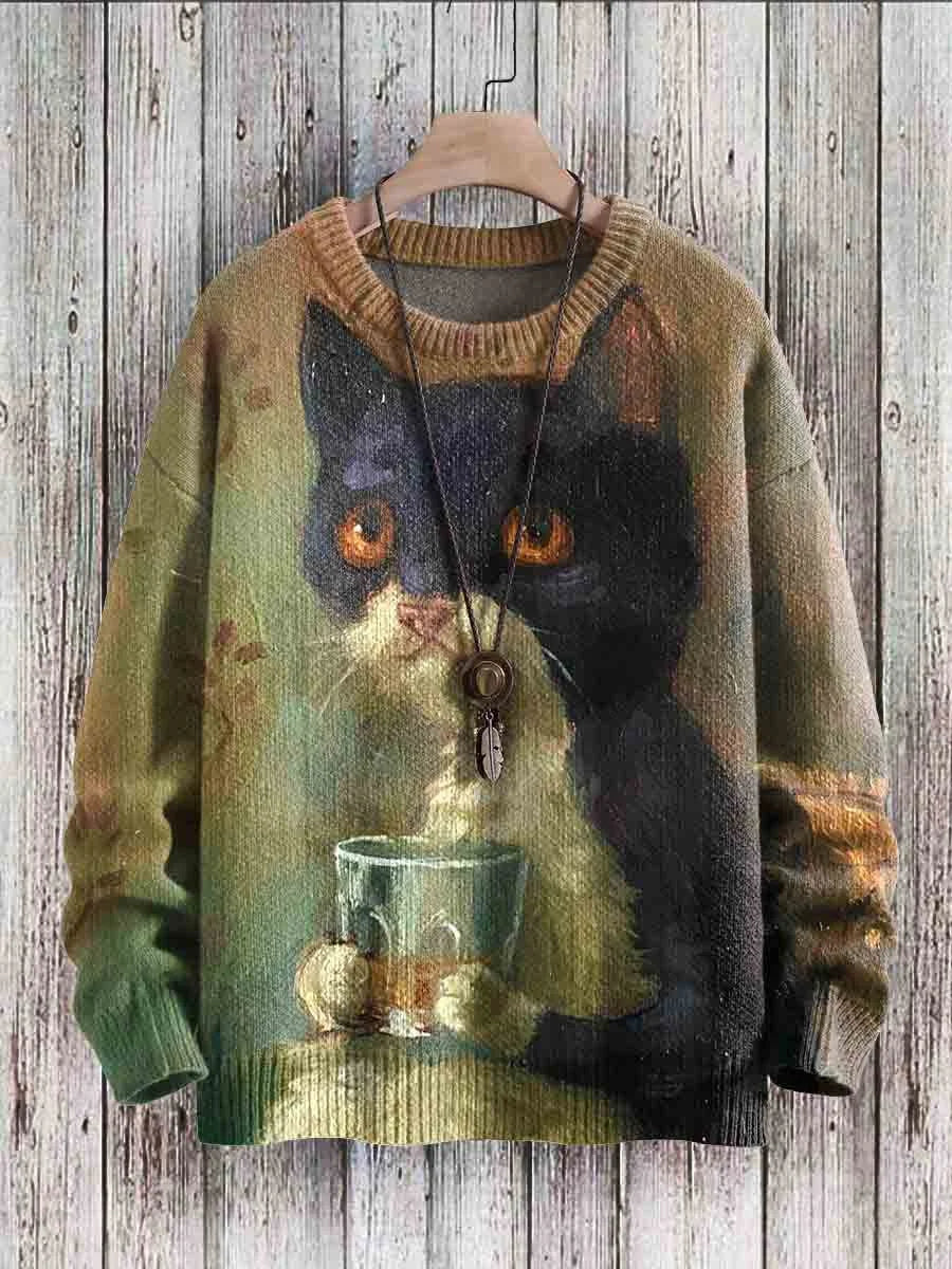 Cheerful Cat Print Sweater for Women - Cleo-Snooze-S-Nora Luxe