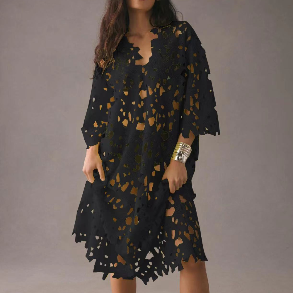 Chic Midi Dress with Embroidered Details - Isla-Black-XS-Nora Luxe
