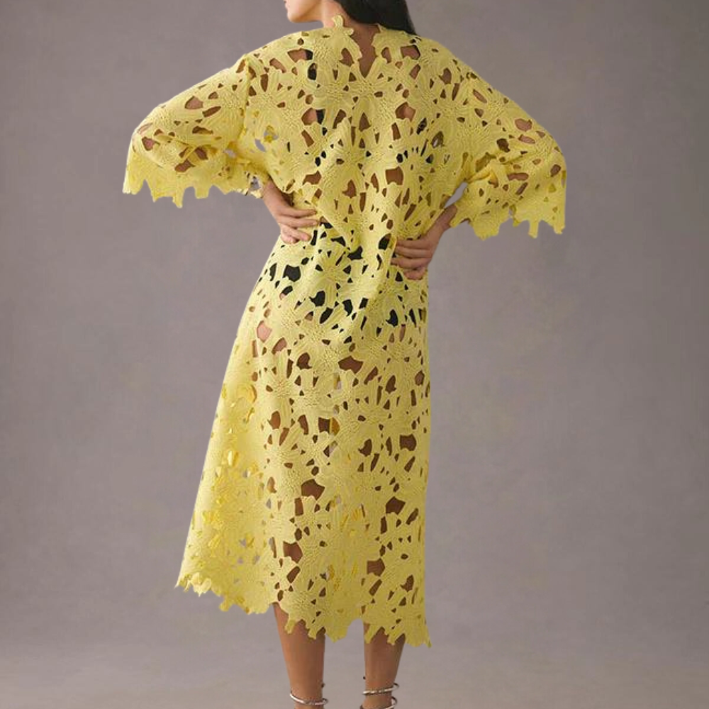 Chic Midi Dress with Embroidered Details - Isla-Yellow-XS-Nora Luxe