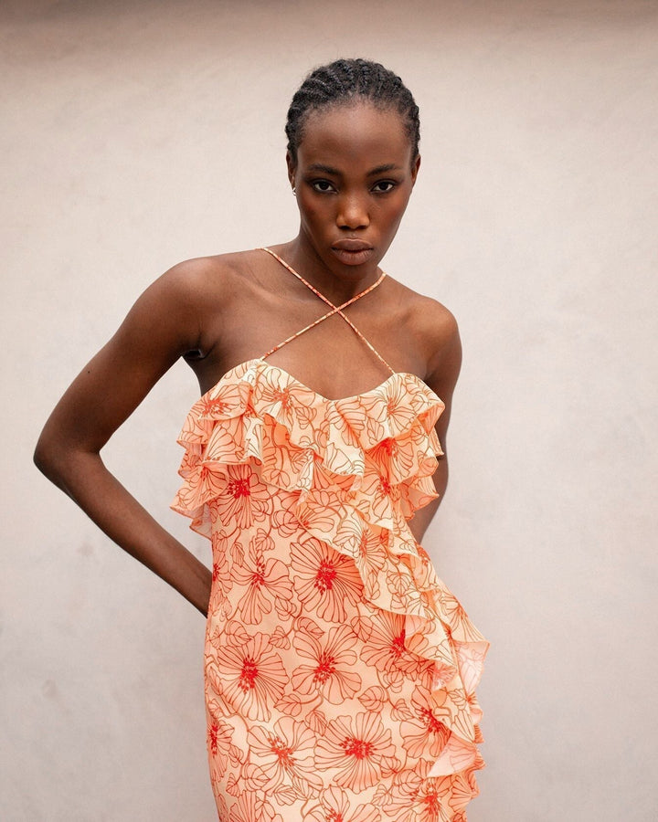 Chiffon Maxi Dress with Ruffles and Crossed Neckline – Elenna-Brown-S-State of Style
