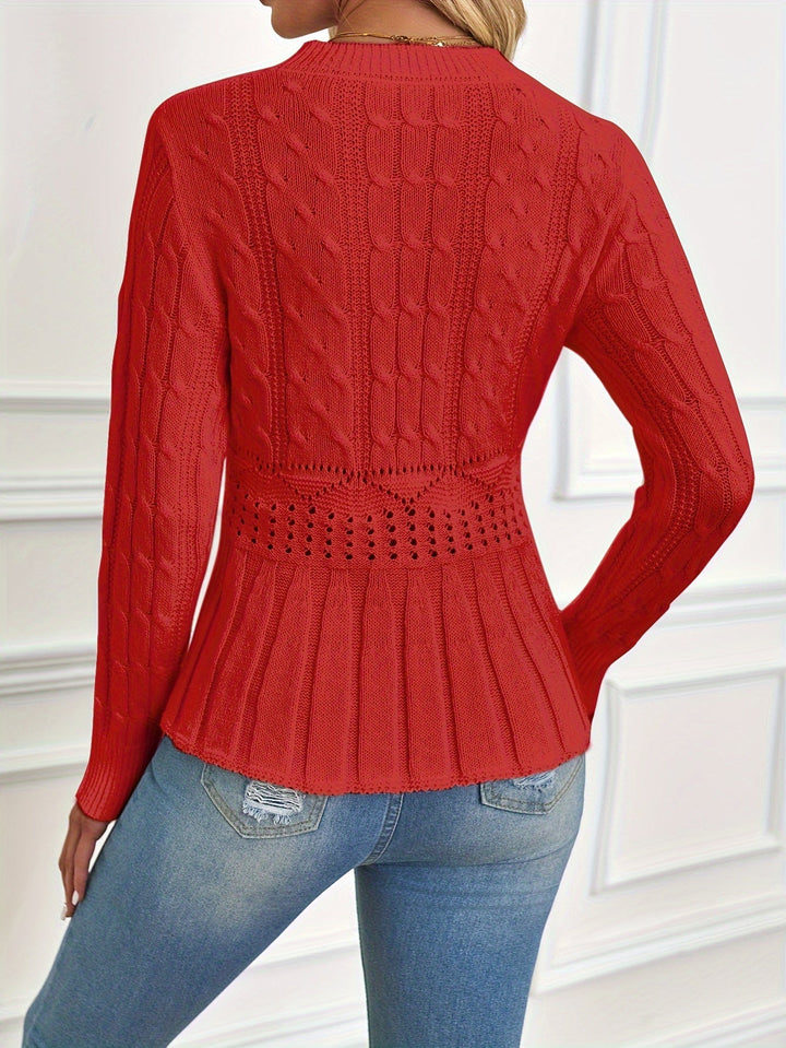 Chunky Cable Knit Sweater with Round Neck - Elena-Beige-S-Nora Luxe