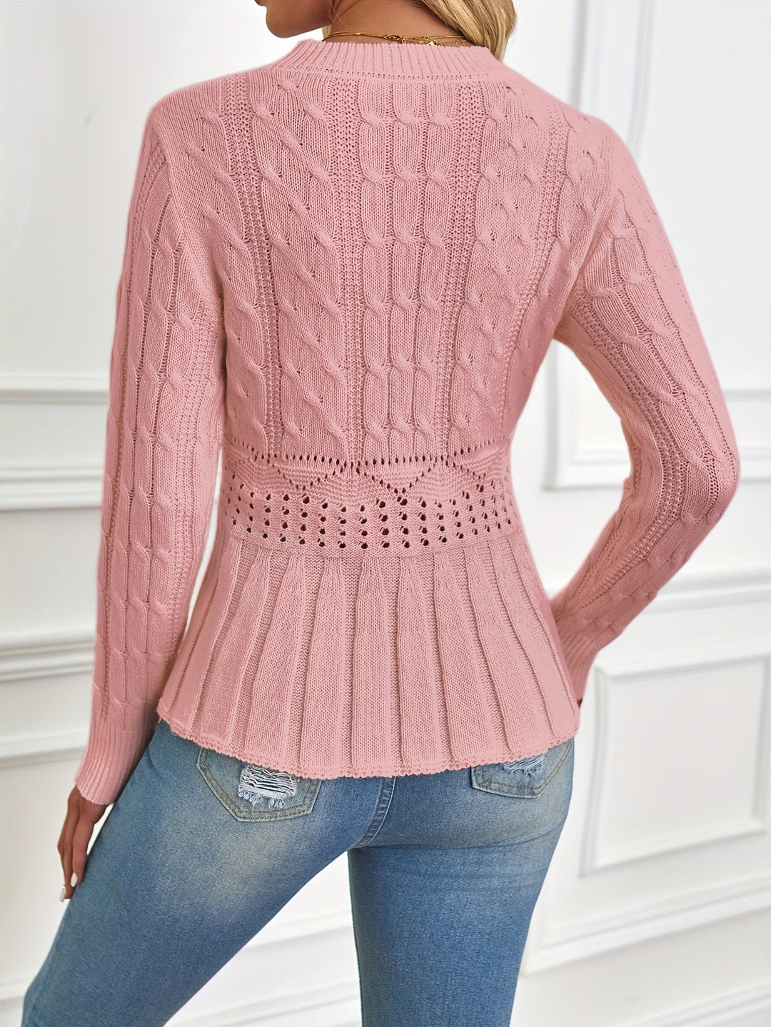 Chunky Cable Knit Sweater with Round Neck - Elena-Beige-S-Nora Luxe