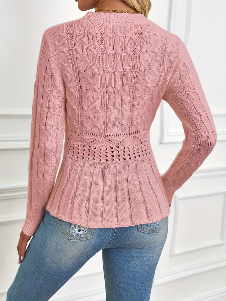 Chunky Cable Knit Sweater with Round Neck - Elena-Beige-S-Nora Luxe