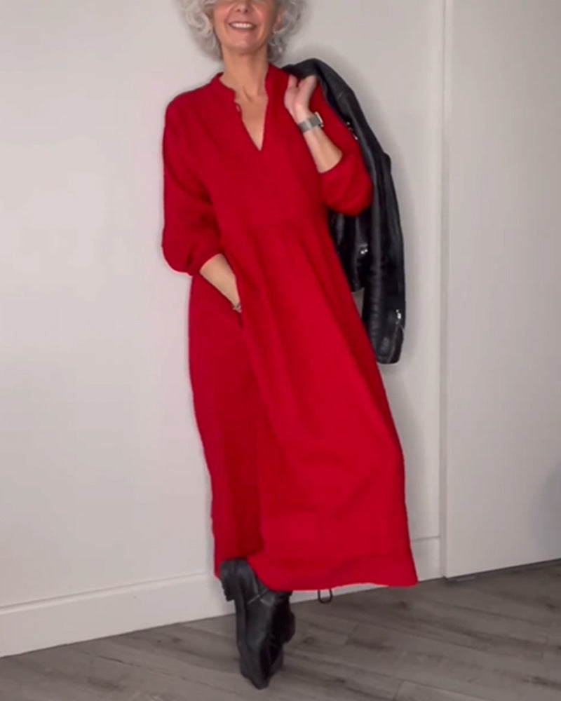Classic Midi Dress with V-neck - Eleanor-S-Nora Luxe