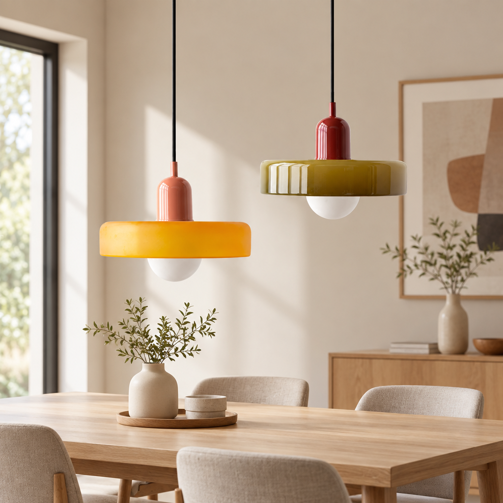 Two pendants, an amber one with coral cap and an olive one with red cap, above a wooden dining table 58