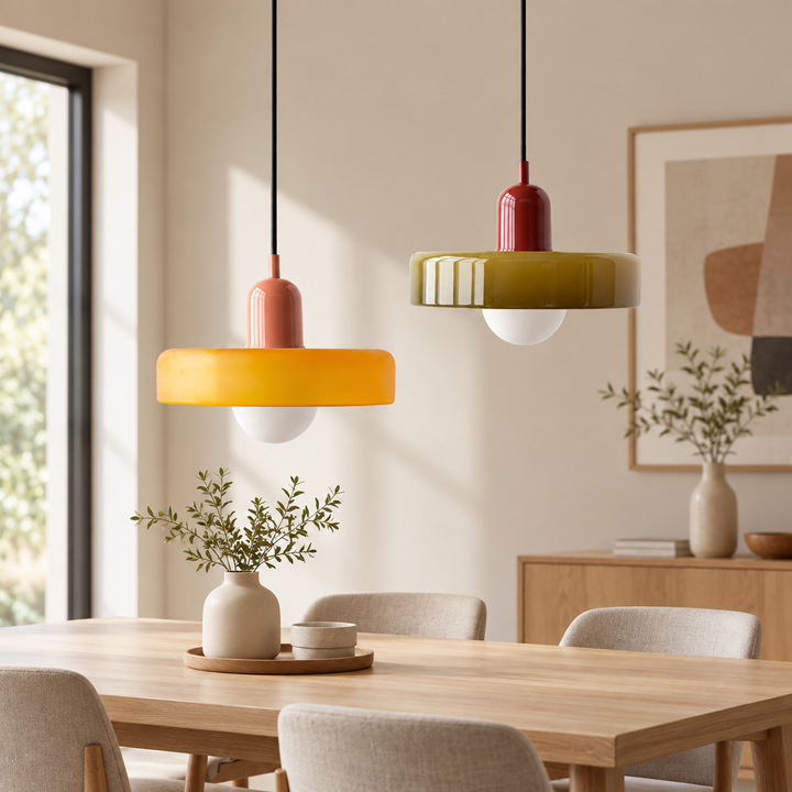 Two pendants, an amber one with coral cap and an olive one with red cap, above a wooden dining table 58