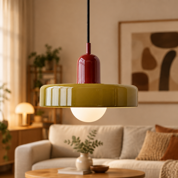 Close view of an olive glass pendant with glossy red cap glowing above a sofa in a cozy living room 59