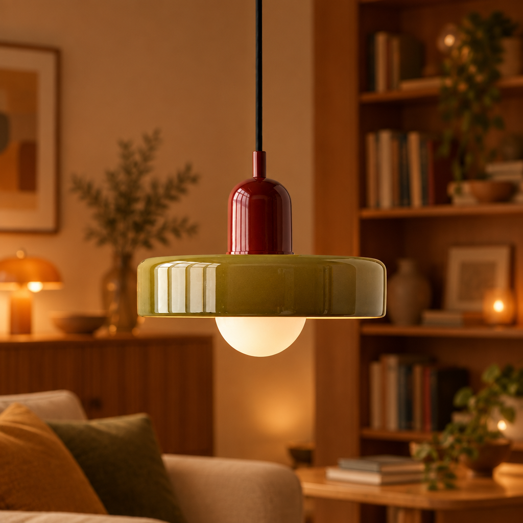 Lit olive glass pendant with red cap hanging in a warm living room beside a wooden bookshelf 60