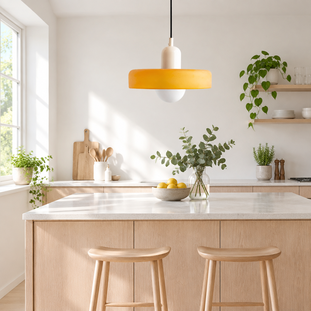 Orange glass pendant with cream cap hanging over a sunny kitchen island with wooden stools 1