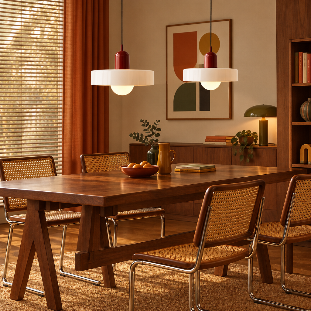 Two pendant lights with red caps and white shades over a walnut dining table with cane chairs 1