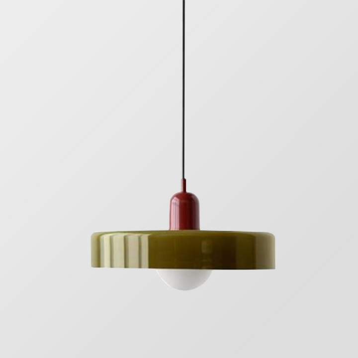 Wide olive glass disc pendant with small red cap and frosted globe bulb on gray background 4