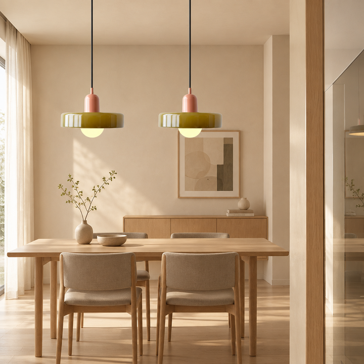 Two olive glass pendants with pink caps hang above a wooden dining table in a sunlit room 1