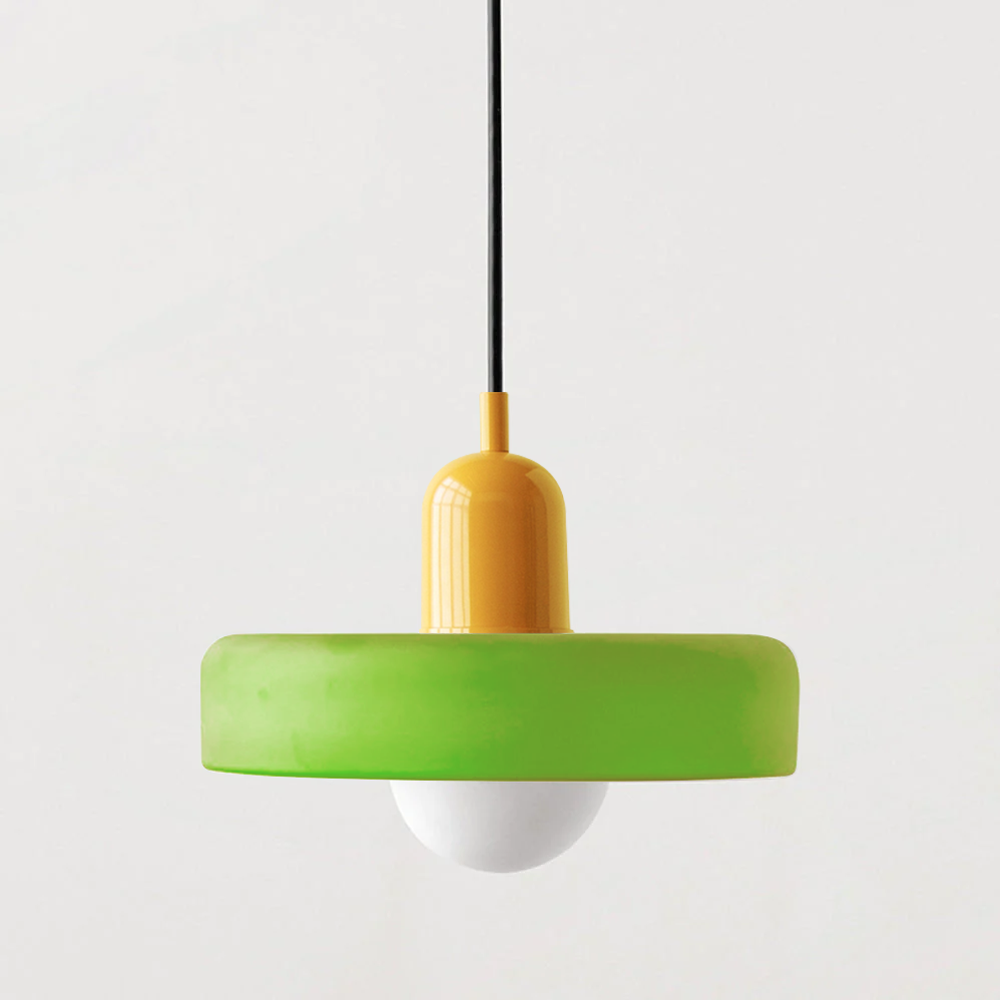 Pendant lamp with a lime-green shade, yellow cap and black cord 57