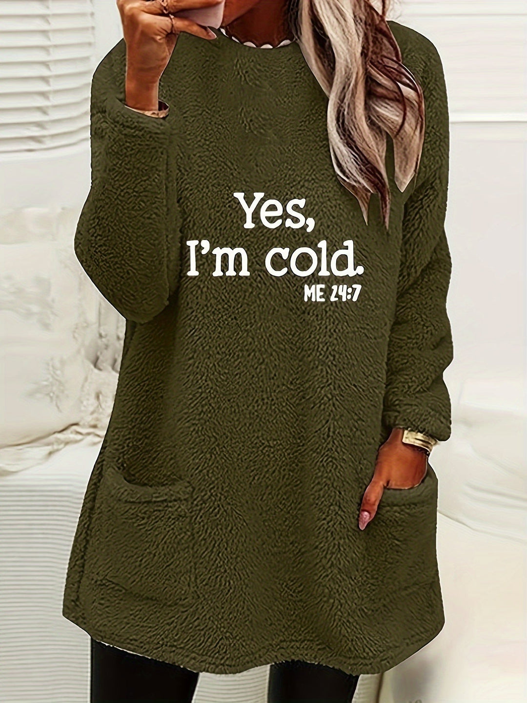Comfortable Fleece Sweatshirt with Print - Luna-Olive green-S-Nora Luxe