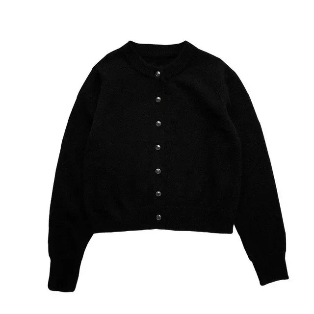 Comfortable Knitted Women's Cardigan with O-neck - Emilia-Black-S-Nora Luxe