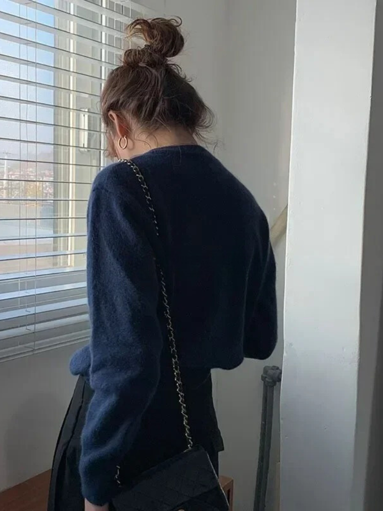 Comfortable Knitted Women's Cardigan with O-neck - Emilia-Dark Blue-S-Nora Luxe