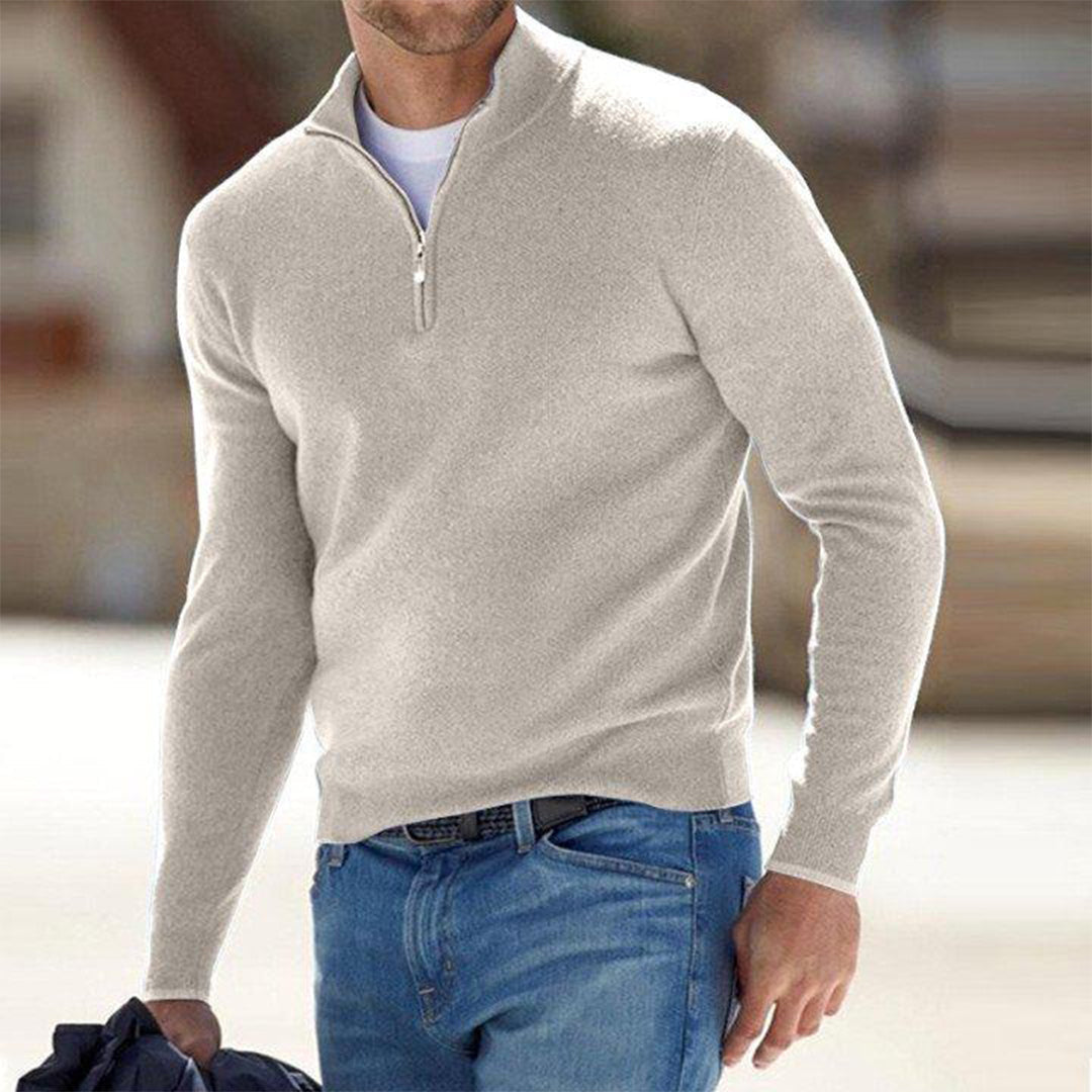 Comfortable Men's Sweater with Zip - Milo-Beige-S-Nora Luxe