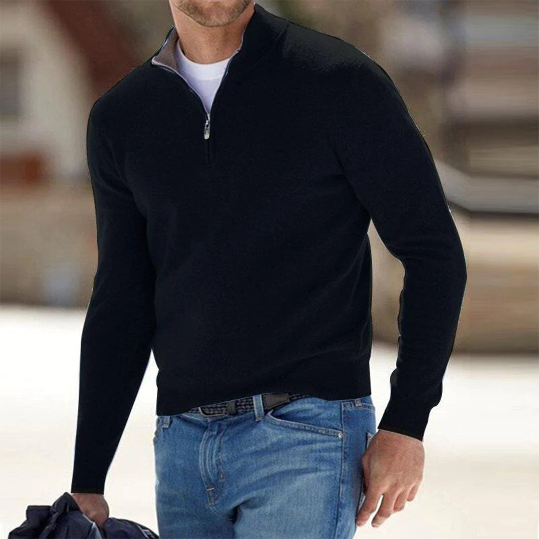 Comfortable Men's Sweater with Zip - Milo-Black-S-Nora Luxe