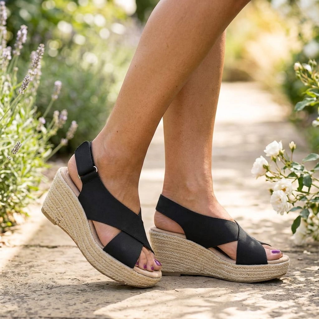 Black crisscross wedge sandals worn outdoors on a stone garden path beside lavender and white roses 12