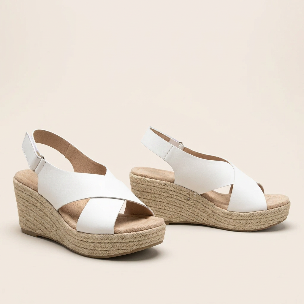 Pair of white crisscross wedge sandals with padded footbeds and braided wedges on a cream background 15