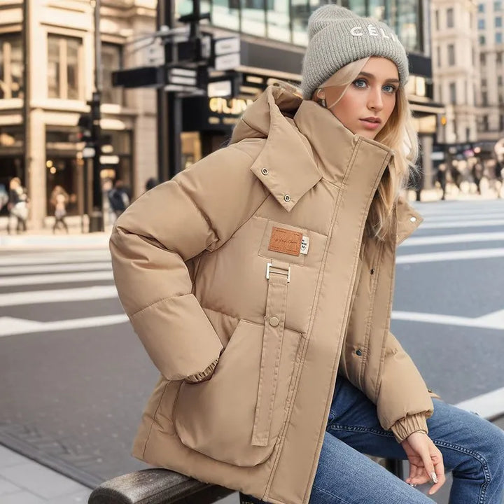 Comfortable Women's Winter Coat with Down Filling - Amelina-Khaki-M-Nora Luxe