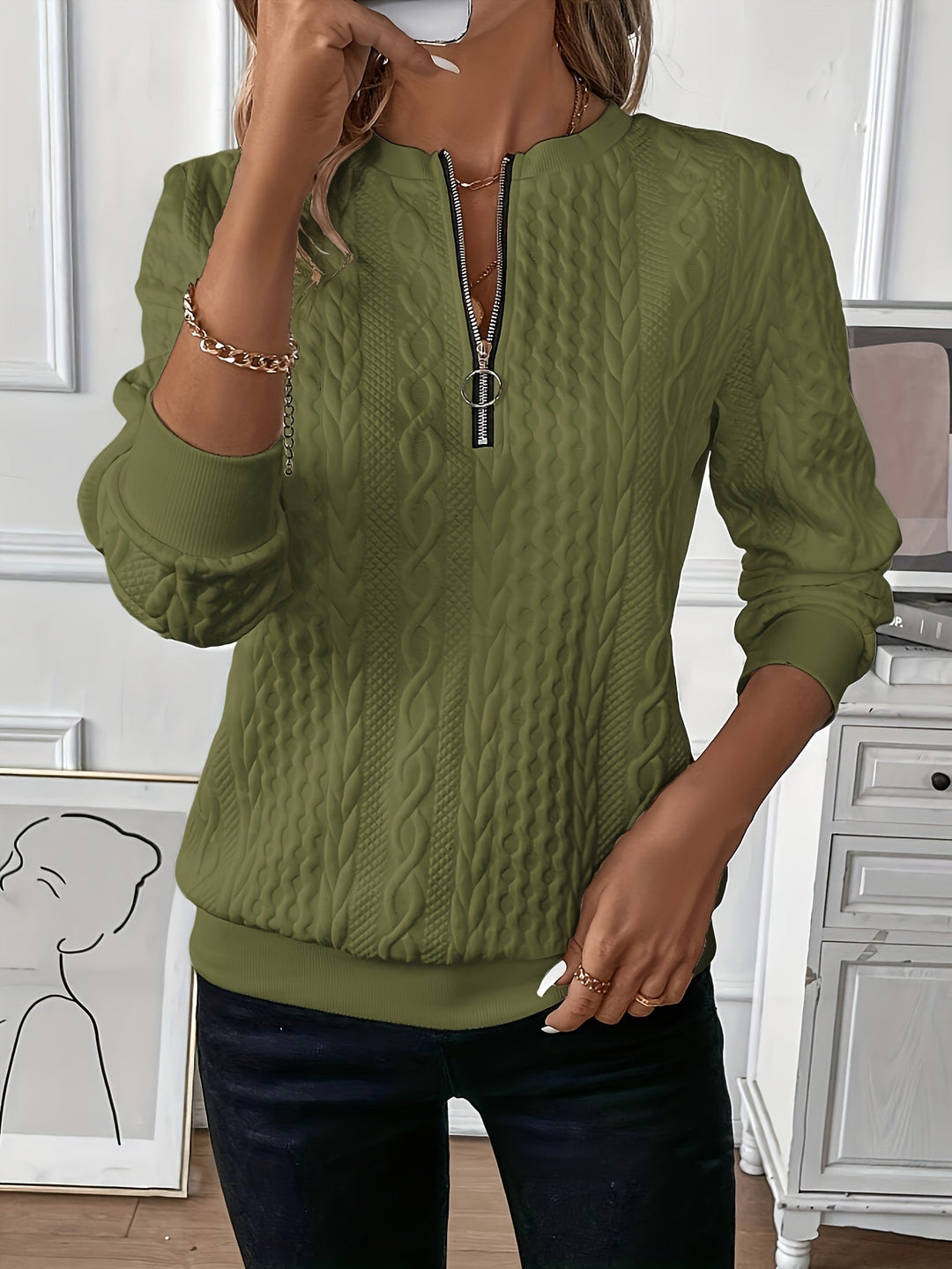 Comfortable Zip Jumper for Women - Ella-Green-S-Nora Luxe