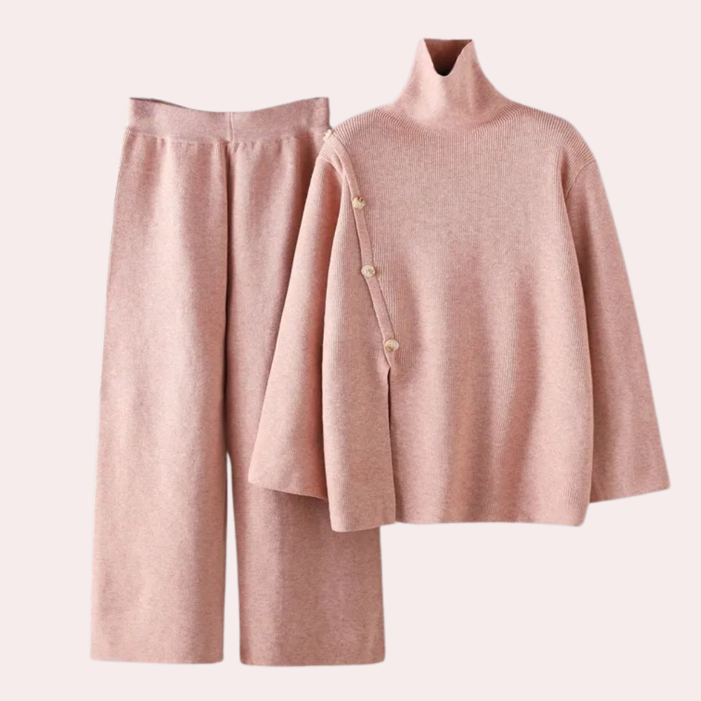 Rosa Damen-Strickset mit Rollkragenpullover und Hose, weiches Material, modisch, bequem.