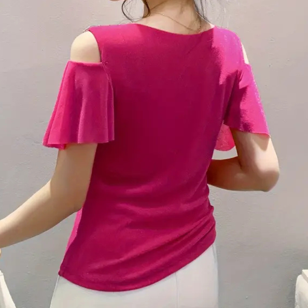 Fuchsia Damen-Top mit Schulterfrei-Design, Kurzarm, Sommermode, Baumwolle.