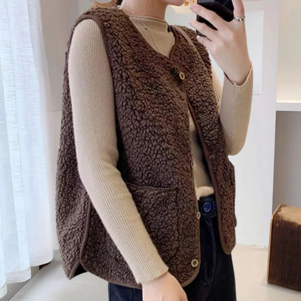 Braune Damen-Teddyweste, ärmellos, mit Knöpfen, modisch, warm, Herbst-Winter-Outfit.