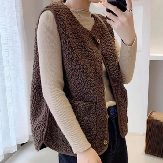 Braune Damen-Teddyweste, ärmellos, mit Knöpfen, modisch, warm, Herbst-Winter-Outfit.
