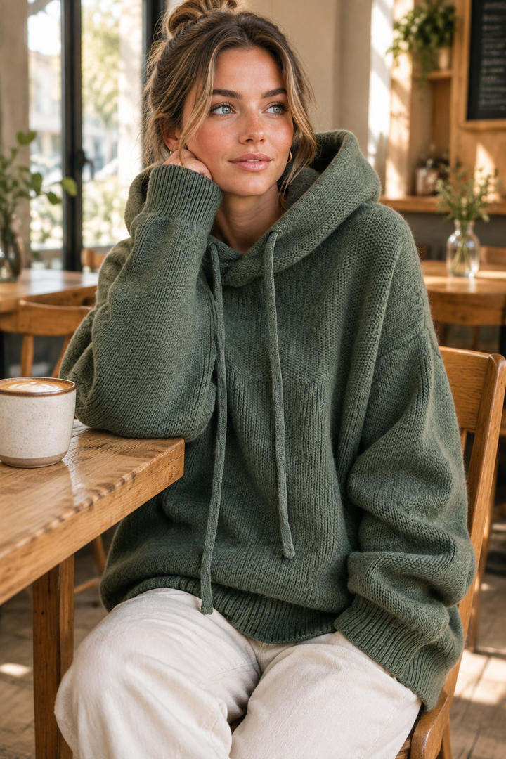 Smiling woman in a green drawstring knit sweater with a hood, resting her chin at a café table 1