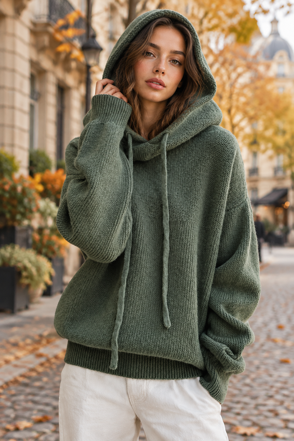 Model in a green hooded knit sweater and white pants on a leafy autumn street 1