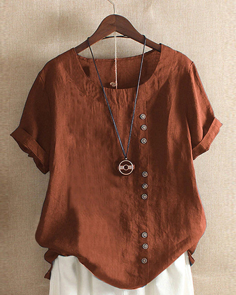 Camiseta clássica de cor sólida com mangas curtas e decote redondo - Emma