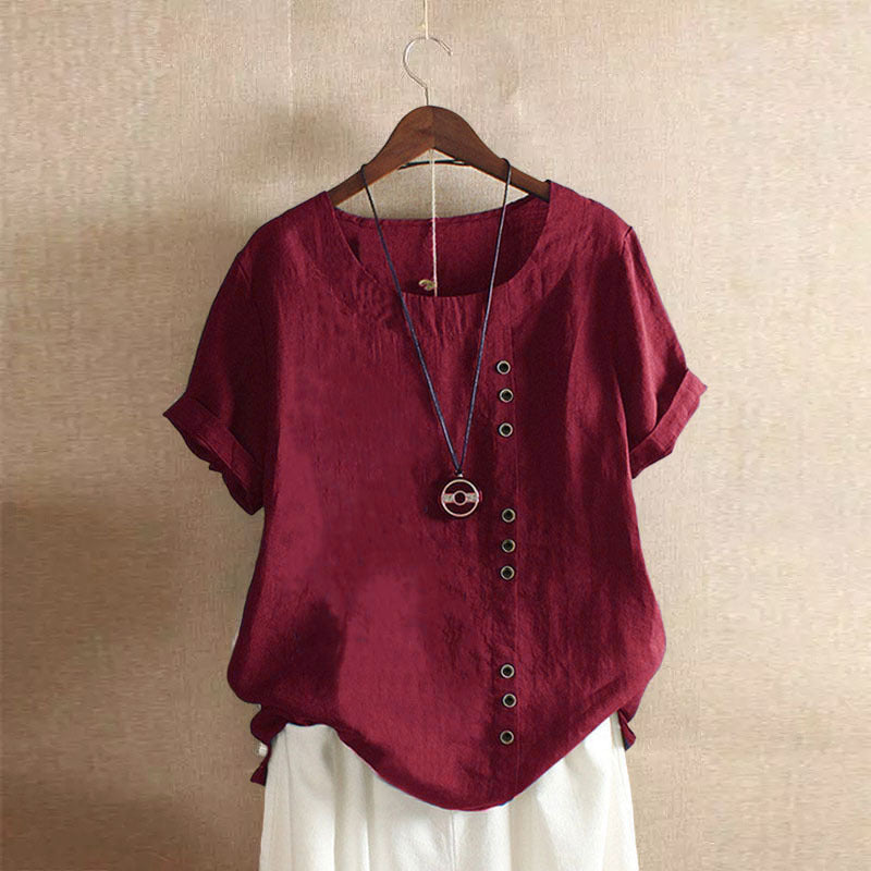 Camiseta clássica de cor sólida com mangas curtas e decote redondo - Emma