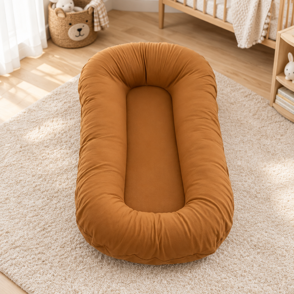 Empty caramel-brown cushion with a raised rim, on a cream rug in a nursery 9
