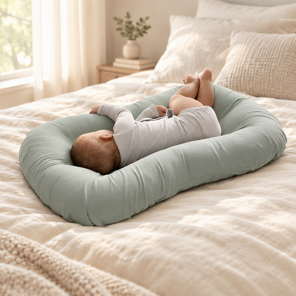 Sleeping baby curled on a sage green oval cushion on a bed with cream bedding 1