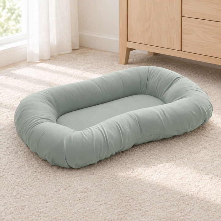 Empty sage green cushion with a raised rim, resting on a cream rug near a dresser 8