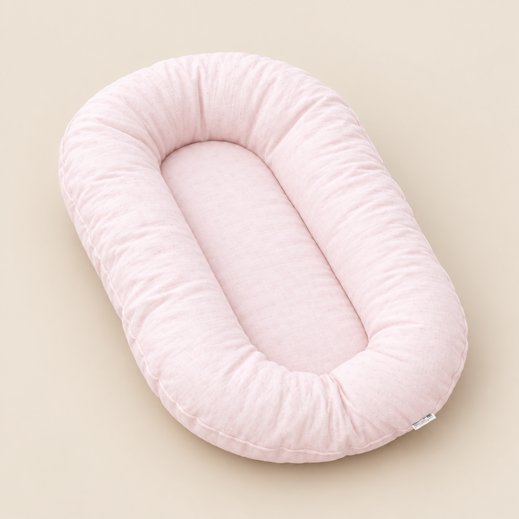 Empty pale pink oval pillow with a textured fabric surface and small sewn-in label at the edge 10