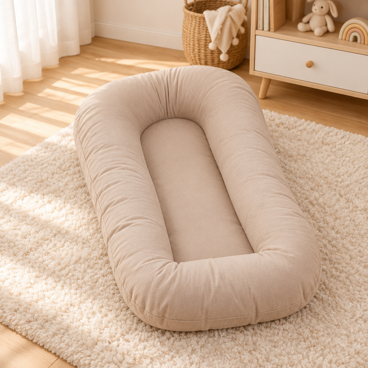 Empty beige cushion with a raised rim, on a shaggy cream rug in a nursery 10