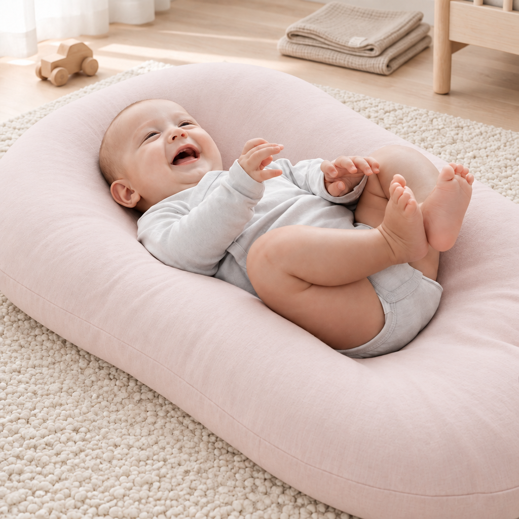 Laughing baby lies on a pale pink cushion on a nursery rug, holding its feet 1