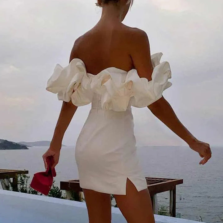 Dress with Asymmetrical Shoulder Line – Elin-White-XS-State of Style